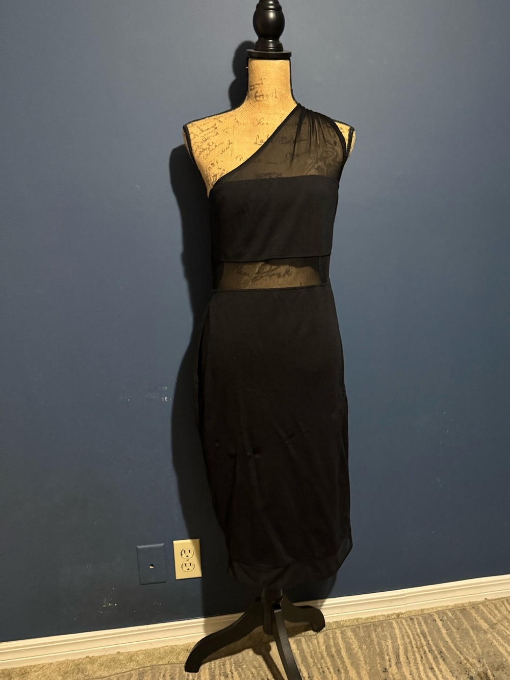 Express Black One-Shoulder Sheath Dress with Mesh Insets wedding guest evening